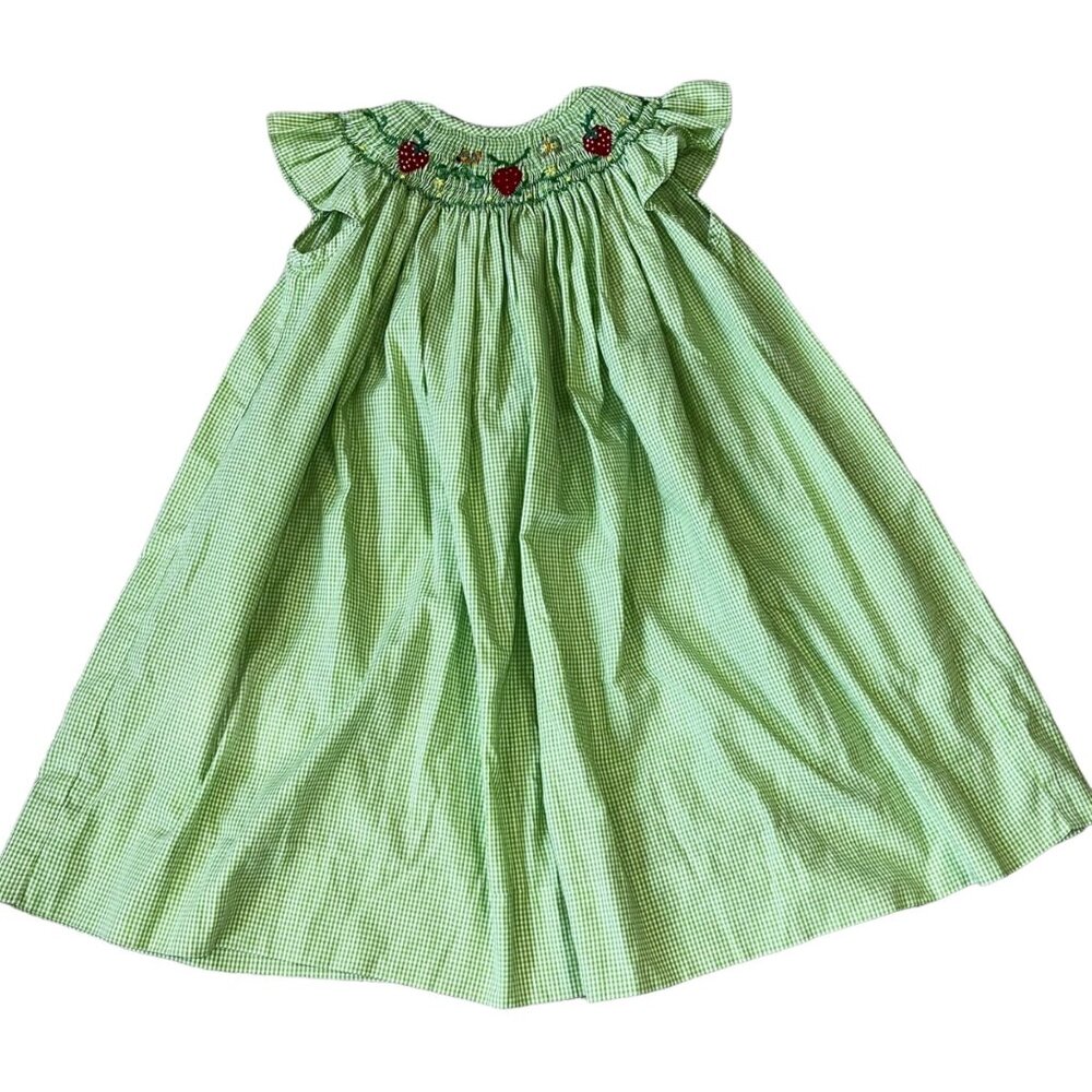Vintage Smocked Green Strawberry Neckline 3T Dress